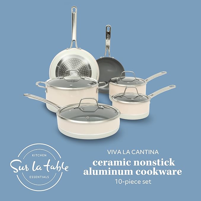 Sur La Table Kitchen Essentials Viva La Cantina 10 Piece PFA Free Titanium Ceramic Nonstick Interior Forged Aluminum Cookware Pots and Pans Set - 2 Tone White & Silver - Induction Compatible