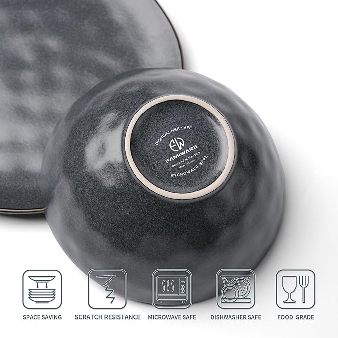 Famiware Dinnerware Sets for 6, Ocean Round 18-Piece Kitchen Plates and Bowls Sets, Microwave and Dishwasher Safe, Scratch Resistant, Matte Black