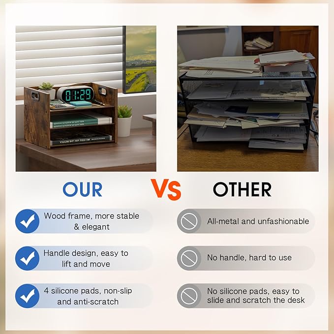 3-Tier Wood Paper Organizer, File Holder for Desk With Handle - Wooden Paper Letter Tray, Desk Organizer and Accessories, File Cabinet for Home Office, School