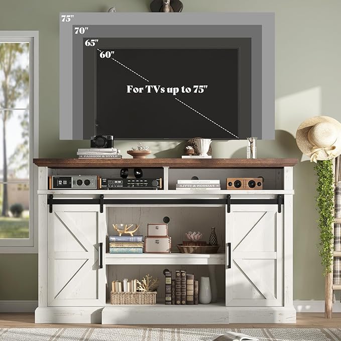 AMERLIFE 66" W Farmhouse TV Stand, Wood 40" H Tall Entertainment Center with Sliding Barn Door & Large Storage Shelves, Rustic Media Console for TVs up to 75", Distressed White