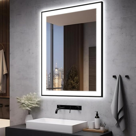 28x36 LED Bathroom Mirror for Wall -Black Aluminum Framed (Front and Backlit), Anti-Fog Vanity Mirror with Lights,Stepless Dimmable Lighted Mirror,3 Colors Smart Mirror(Horizontal/Vertical)