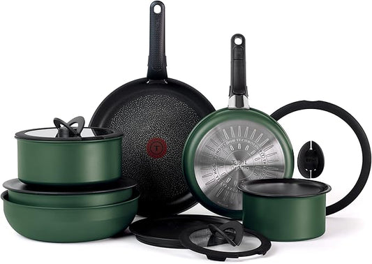 T-fal Ingenio Expertise Non Stick Cookware Set 14 Piece, Induction, Oven Broiler Safe 500F, Cookware, Pots and Pans Set, RV, Camping, Frying Pans, Dishwasher Safe, Detachable/Removable Handle, Green