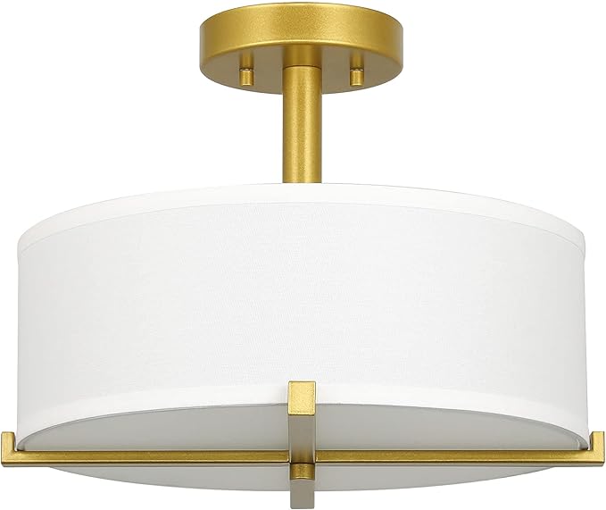 XiNBEi Lighting Semi Flush Mount Ceiling Light Modern Gold Brass Drum Light Fixture with Fabric Shade 3-Light Drum Ceiling Lighting for Living Room, Bedroom, Kitchen, Dining Room, Hallway