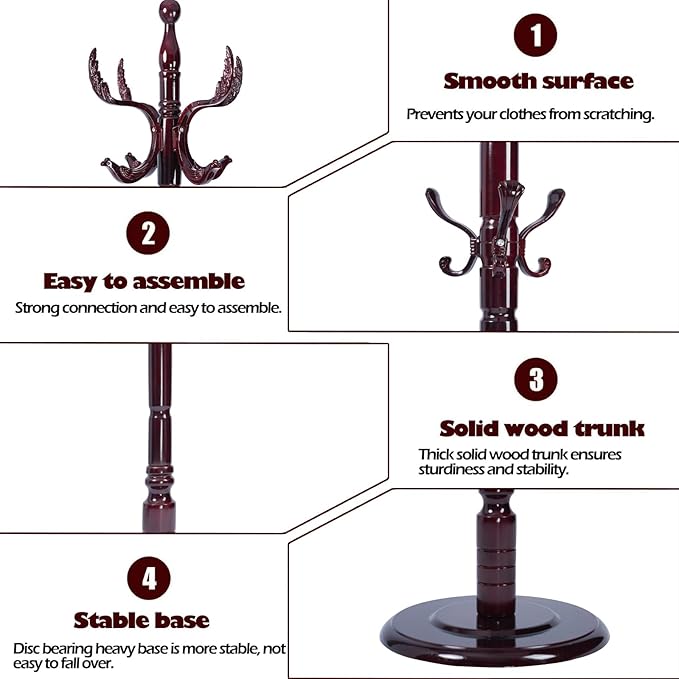 Coat Racks Free Standing with 14 Hooks, Natural Wood Coat Stands for Entryway, Adjustable Height 72 in Tree Coat Rack Stand for Hallway Home Office Bedroom (Mahogany Phoenix)