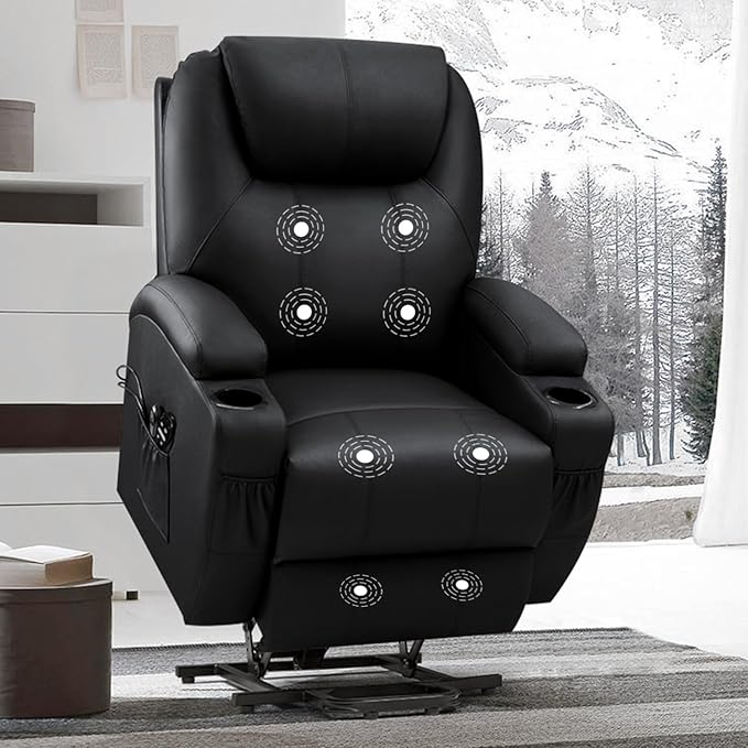 VICTONE Electric Power Lift Recliner Chair for Elderly Reclining Sofa for Living Room with Massage, Side Pockets and Cup Holders (Leather, Black)