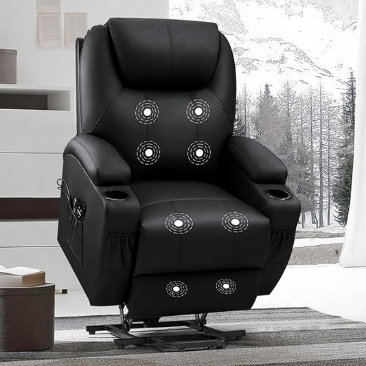 VICTONE Electric Power Lift Recliner Chair for Elderly Reclining Sofa for Living Room with Massage, Side Pockets and Cup Holders (Leather, Black)