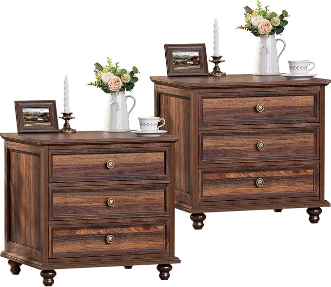 24" Wide Farmhouse Night Stand Set of 2,Large End Table with 3 Drawers & Metal Handle,Wood Dresser for Bedroom,Bed Side Table Chest of Drawers Cabinet,Brown Nightstand for Living Room,Closet