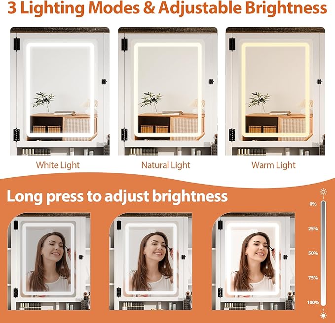 Makeup Vanity, Farmhouse Vanity with Mirror & Generous Clear Glass Countertop, 40'' Intelligent Makeup Desk with Multi-Functional Charging Station & Human Body Sensing LED Lights, White