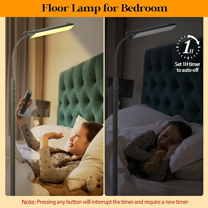 LED Floor Lamp, 18W Super Bright Floor Lamp for Living Room, Adjustable Stepless Colors & Brightness Gooseneck Standing Lamp, Eye Caring Reading Light with Remote& Touch Control for Bedroom Office
