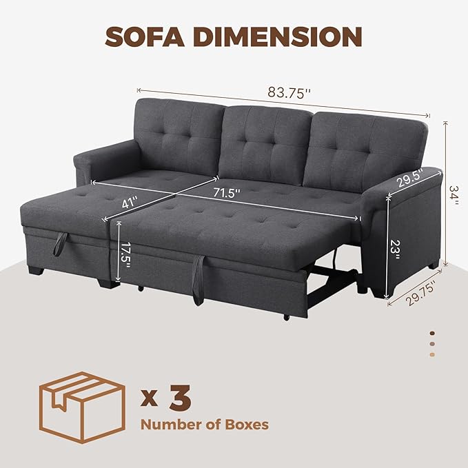 83 Inch L Shaped Modular Convertible Sleeper Sectional Sofa Bed with Storage Chaise and Pull-Out Bed, Linen Upholstered Reversible Corner Couch for Living Room, Home Furniture, Dark Gray