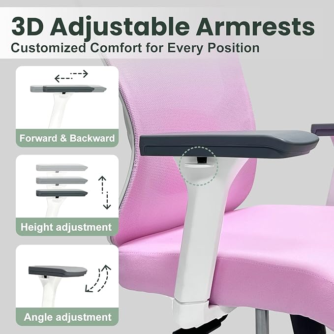 Ergonomic Office Chair - 350LB Mesh Office Chair with Adjustable Lumbar, High Back Computer Desk Chair with 3D Armrests, Comfy Chair with 2D Headrest & Tilt Function for Study, Work, Gaming