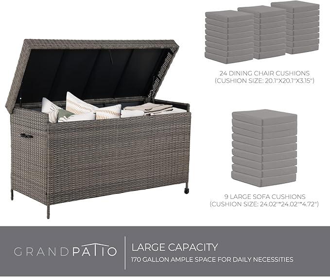 Grand patio 170 Gallon Deck Storage Box Deck Box Outdoor Storage Box Indoor Wicker Storage Bin Patio Storage Box for Patio Furniture Cushions Garden Tools Pool Accessories, Light Brown