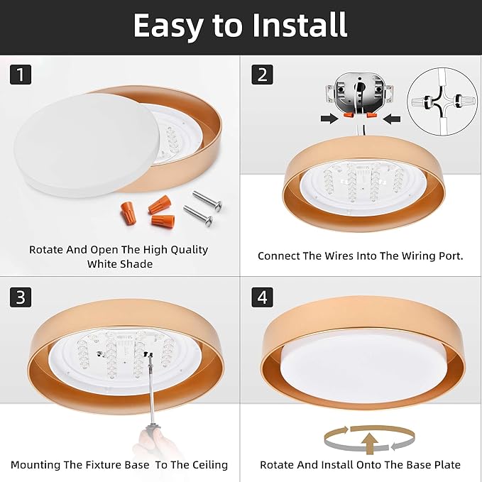 Hlite 13 inch Ceiling Light Fixture,Gold LED Flush Mount Ceiling Light, 3000K/Warm White/24W,Dimmable 1920LM Indoor Room Decorative Modern Ceiling Lights for Bedroom Kitchen(1 Pack)