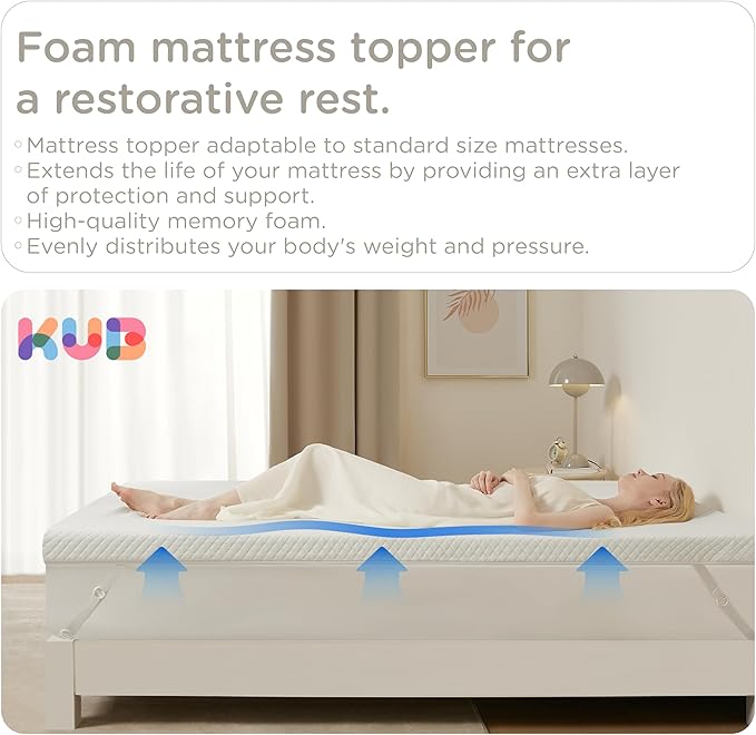 KUB Extra Firm Memory Foam Mattress Topper King Size 78x80 Inch 3 Inch-Cooling Pain Relief Mattress Pad White