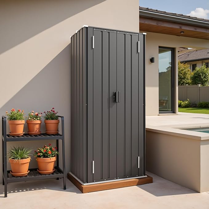 Patiowell 28 Cuft Outdoor Storage Cabinet, Metal Storage Shed with 3 Adjustable Shelves, Indoor Outdoor Vertical Waterproof Tool Shed with Lockable Door for Patio Garden Backyard, Black