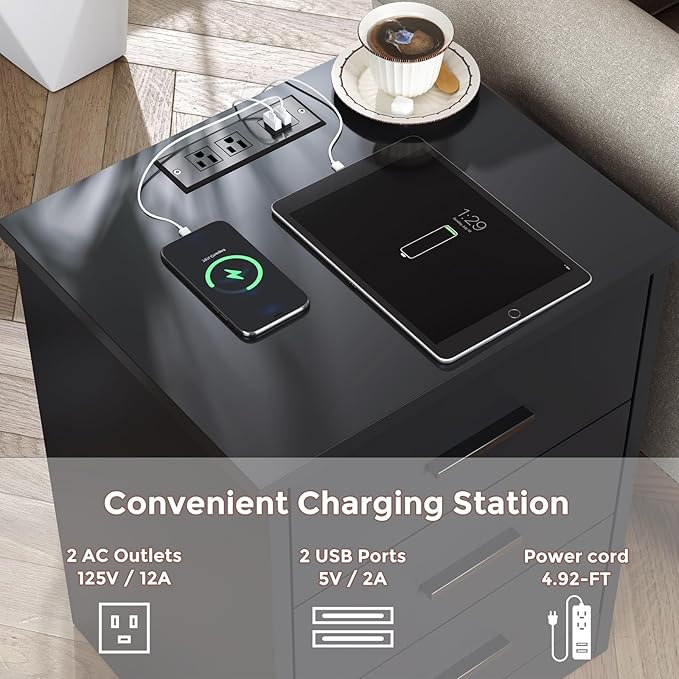 LIDYUK Black Dresser for Bedroom, 3 Drawer Dressers & Chest of Drawers, Modern Wood Dresser with Charging Station, End Table Nightstand Bedside Table for Bedroom, Living Room