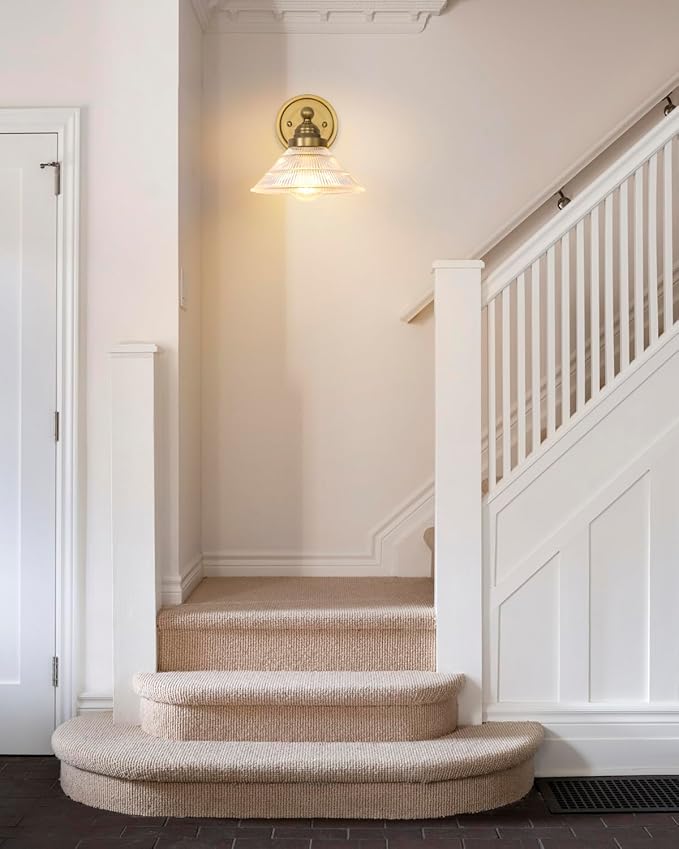 Vintage 1-Light Wall Sconce with Clear Ribbed Glass Shade, Industrial Hardwired Wall Light Fixture for Bedside Living Room Vanity Bathroom Hallway