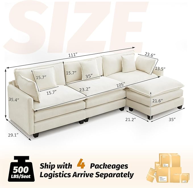 111'' Sectional Cloud Deep Seat Couch, Modern Comfy Chenille L Shaped Sectional Sofa for Living Room Set, Upholstered Modular 4-Seats Sofa Couch with Movable Ottoman, Beige