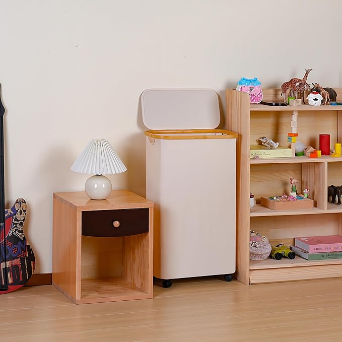 Slim Laundry Basket with Wheels,Narrow Hampers for Laundry,Freestanding Laundry Hamper with Lid&Bamboo Handles,Collapsible & Waterproof Tall Cloth Hamper for Dorm Family(60L Beige)