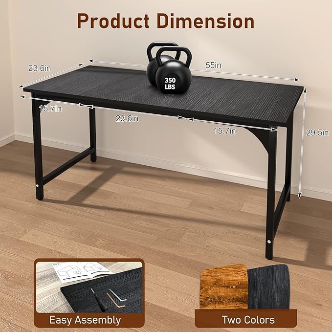 55'' Computer Desk with Deeper Desktop, Home Office Desk Workstation with Sturdy Metal Frame, Modern Simple Desk for Gaming Studying Writing, Black