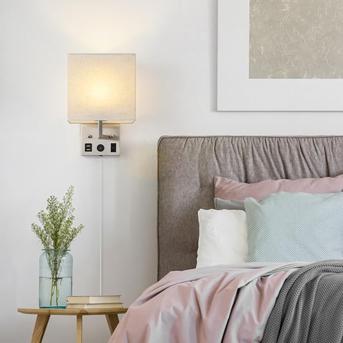 Black Wall Sconces Set of Two, Bedside Wall Lights for Bedroom, Plug in Wall Sconce with USB Ports and Outlets, Modern Wall Lamp for Mirror Kitchen Living Room Hallway, E26 Base (LED Bulbs Included)