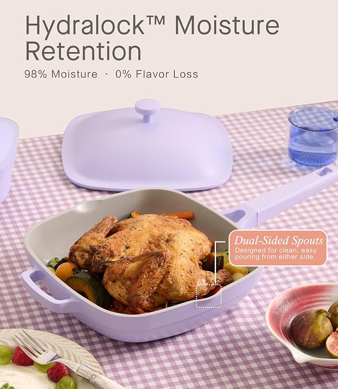 10.5 Inch(3.8QT) Ceramic Pan with Lid,Non Stick Frying Pans Cast Aluminum Deep Sauté Pans,Ti-Ceramic Non Toxic Pix Pan with Wooden Spatula and Scrubber-Dusk Petal