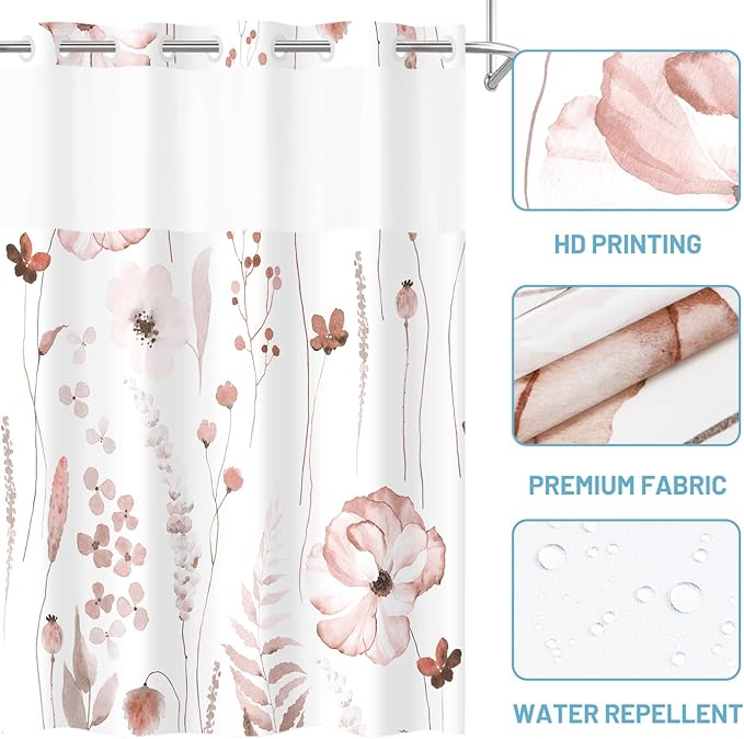 No Hook Shower Curtain with Snap in Liner - Floral Shower Curtain - Fabric Waterproof Inner Liner, Plants Watercolor Blush Modern Cloth Shower Curtains - Machine Washable, 71 x 74