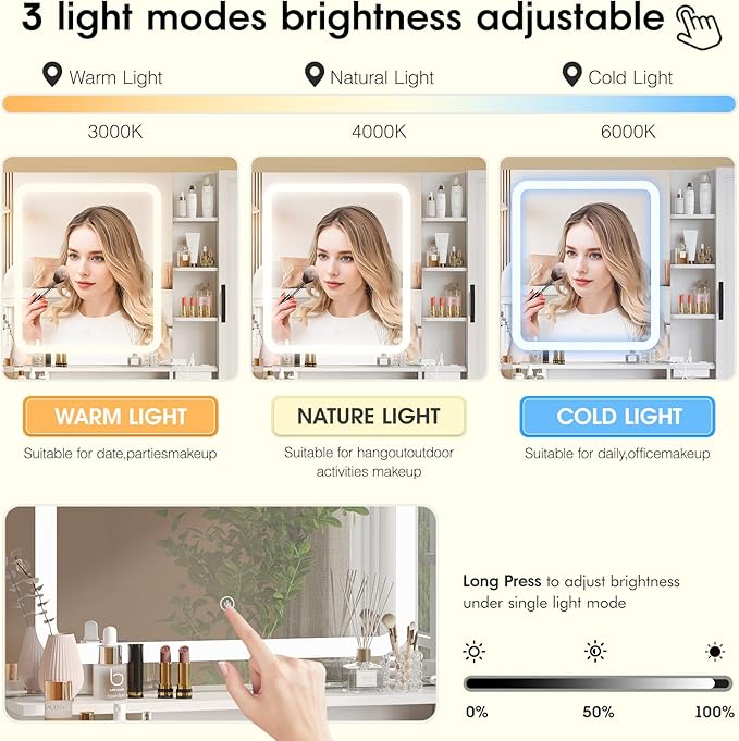 Maupvit Vanity Desk with HD LED Mirror,White Vanity with Large Jewelry Cabinet,Lots Storage Shelves,3 Drawers & Cabinets,Makeup Desk with Charging Station,3 Lighting Modes, Brightness Adjustable