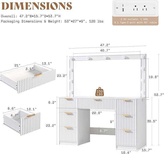 AMERLIFE 47.2" Fluted Vanity Desk with Large Mirror and Adjustable LED Lights, 7 Drawers Makeup Table with Glass Top and Charging Station for Women and Girls, Bedroom or Dorm, White