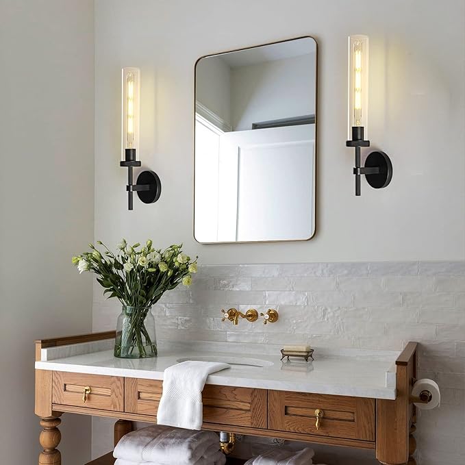 Black Wall Sconce, 19" Tube Glass Sconce Wall Lighting, Bathroom Wall Light, Vanity Lights for Living Room, Wall Lamp for Bedroom, Hallway, Fireplace, Staircase