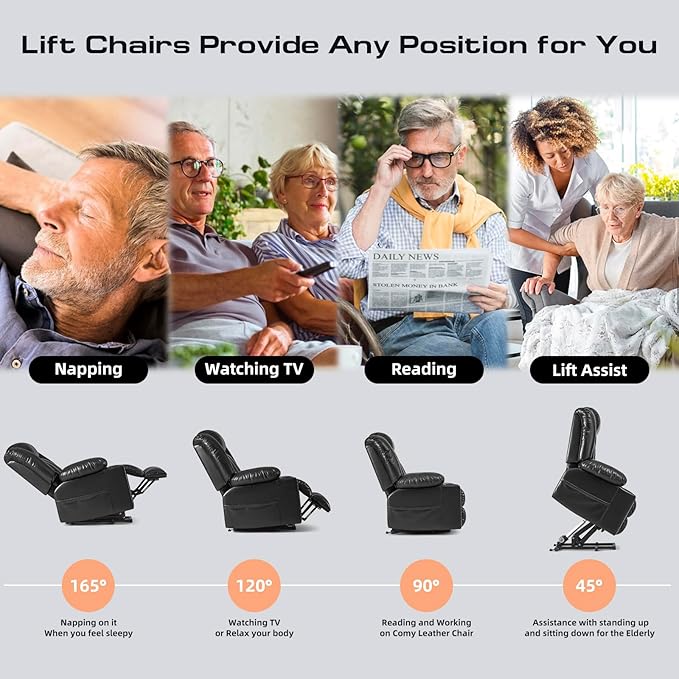 Small Power Lift Chairs Recliners for Petite Elderly, 3 Position Lift Recliner Chair for Small Space, Heating and Massage, USB-A USB-C, Cup Holder, Side Pocket Black