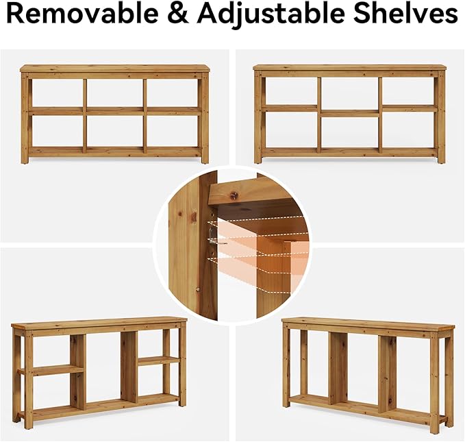Solid Wood Horizontal Bookcase with Adjustable Shelves, 6 Cubes Storage Organizer Long Bookshelf, Farmhouse Low Cubby Bookcase for Living Room, Home Office, 63 Inches
