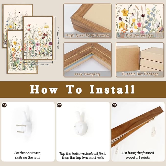 Wildflower Wall Art Large Floral Wall Painting Neutral Print Pictures Decor for Living Room Bedroom Bathroom 3 Panel 36x24 Inches