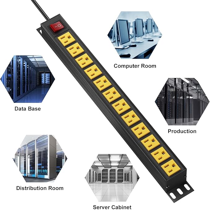 BTU Power Strip Surge Protector Rack-Mount PDU, 12 Outlet Power Strip with Switch, Metal Mountable Heavy Duty for Server Racks, Garage Shop, Industrial Commercial (Yellow 6FT)