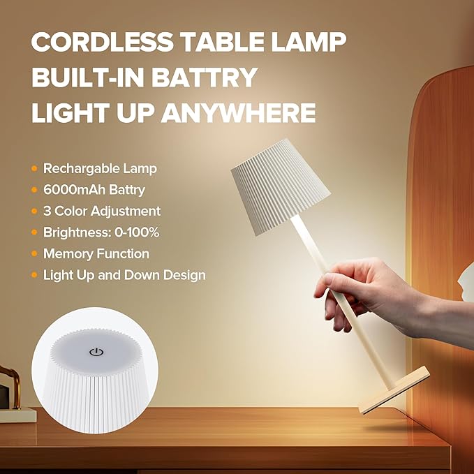 LUTEC 2 Pack Cordless Table Lamp,6000mAh Rechargeable Battery Operated Desk Lamp,Two Adjustable Heights,Waterproof, Touch Control & 3 Color Stepless Dimming for Restaurant/Bedroom/Bars/Outdoor (White)