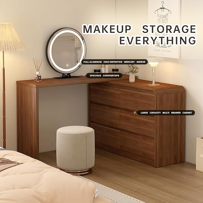 Makeup Vanity Desk with Full Aluminum HD Lighted Mirror, 50-90in Extendable Modern Dressing Table, 6-Drawer Storage Cabinet with Rounded Anti-Collision Corners, Bedroom Vanity, Brown
