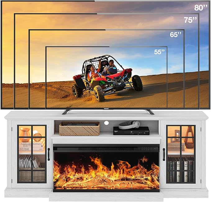 oneinmil 36 Inch 3-Sided Glass Fireplace TV Stand for TVs up to 80", Rustic Media Entertainment Center Console Table with Glass Door Closed Storage, Set of TV Table, White