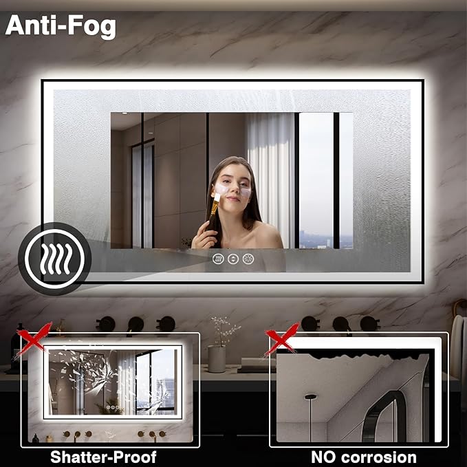 55x30 LED Bathroom Mirrors for Wall -Black Aluminum Framed (Front and Backlit), Anti-Fog Vanity Mirror With Lights,Stepless Dimmable Lighted Mirror,3 Colors Smart Mirror(Horizontal/Vertical)