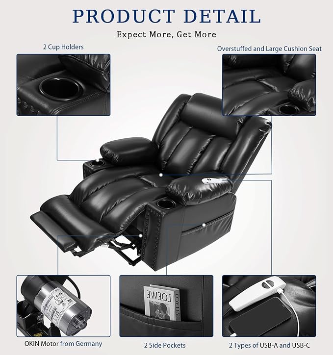 Large Power Lift Chair Recliner for Elderly with Heated and Massage, Overstuffed Adjustable Lift Chair, 3 Position, Breathable Leather, USB-A&USB-C, Cup Holder (Tall Man-7523, Black)