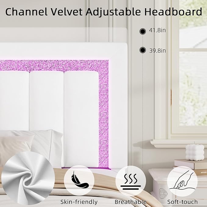 HOMBCK King Size Bed Frame with LED Lights and Velvet Upholstered Headboard, Bed Frame King with Modern Diamond Headboard Adjustable, Wooden Slats Support, Noise Free, No Box Spring Needed, White