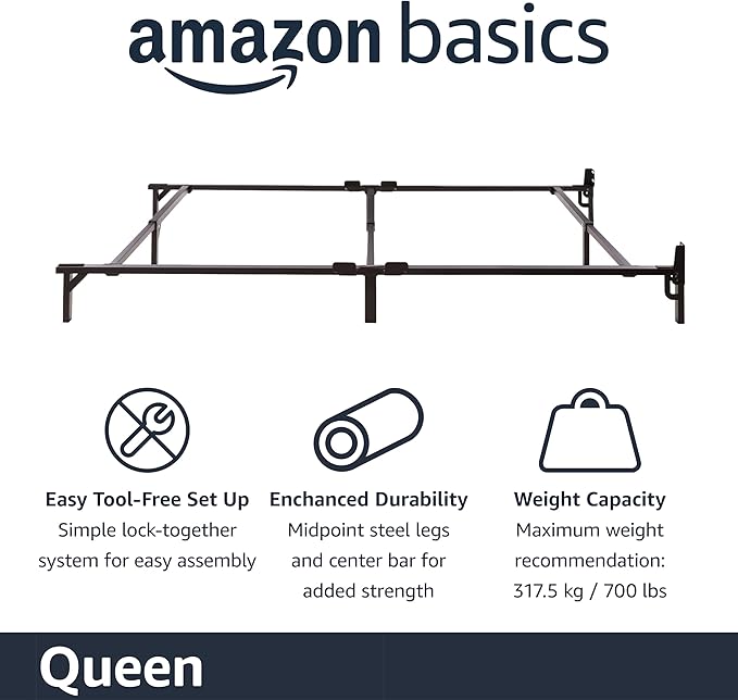 Amazon Basics Metal Bed Frame, 9-Leg Base for Box Spring and Mattress, Queen, Tool-Free Easy Assembly, 79.5" L x 59.5" W x 7" H, Black