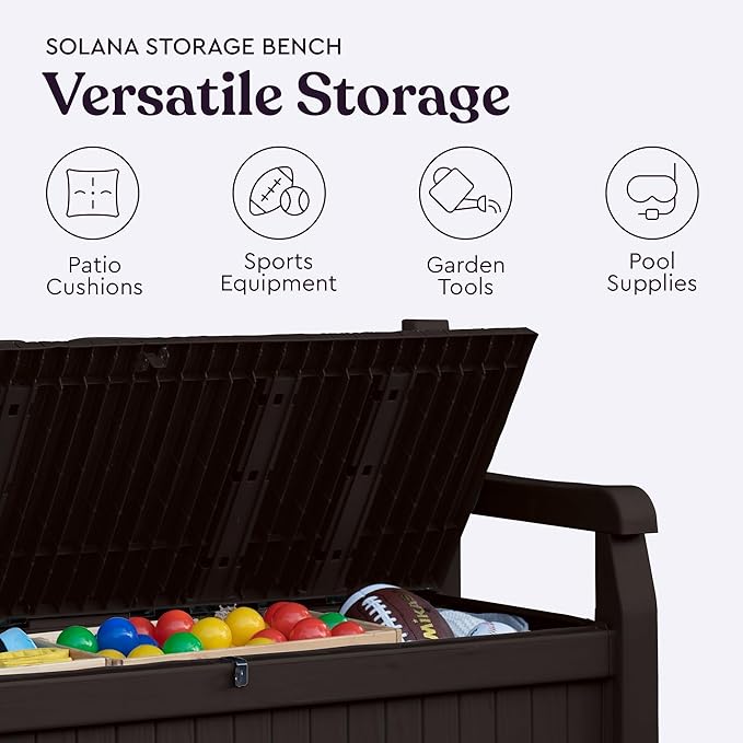 Keter Solana 70 Gallon Storage Bench Deck Box for Patio Furniture, Front Porch Decor and Outdoor Seating – Perfect to Store Garden Tools, Brown/Brown