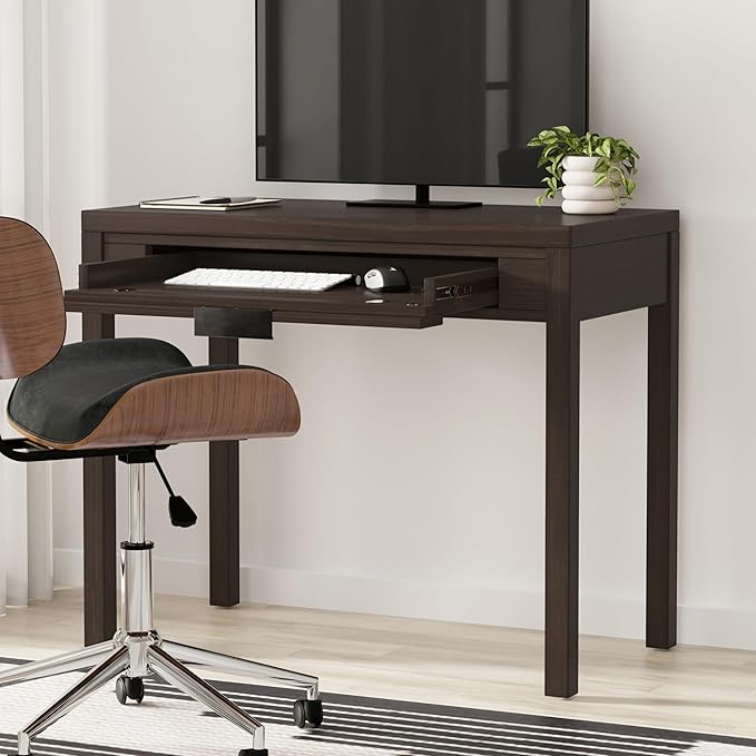 SIMPLIHOME Hollander Small Desk - 38-Inch Wide Solid Wood Writing Desk in Warm Walnut Brown, Contemporary Home Office Computer Table for Study or Compact Space with Flip-Down Keyboard Tray