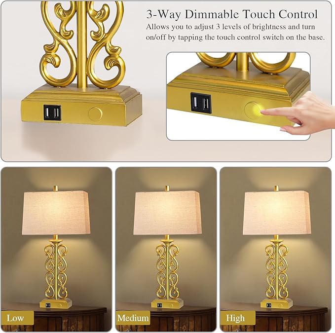 25" Modern Touch Resin Table Lamps Set of 2 for Living Room Bedroom, 3-Way Dimmable with Dual USB Ports, Vintage Nightstand Lamp for Home Office Hotel, 2 Bulbs Included (Gold)