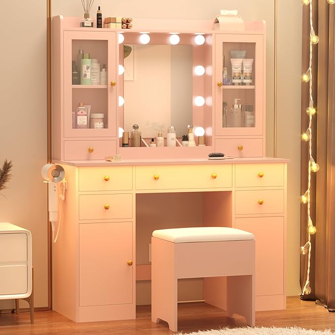 Vanity Desk with Mirror and Lights, 43" Pink Makeup Vanity Set with 5 Drawers & Glass Cabinets, Storage Stool, Power Outlet & Adjustable LED Lights, Dressing Table for Women & Girls Bedroom
