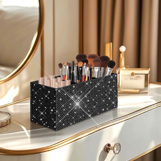 Bling Makeup Brush Holder Organizer, 3 Slot Sparkle Cosmetics Brushes Storage Holders with Shiny Rhinestones, Glitter Cute Pen and Pencil Holder for Desk, Eyeliners Display Case for Vanity (black)