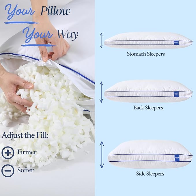 Adjustable Premium Memory Foam Pillow, Standard Size 26x18 inches, 400 TC Organic Cotton Cover with Down Alternative Plush Padding, Designed for Stomach, Back, & Side Sleepers