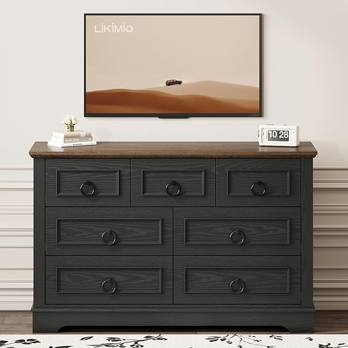 LIKIMIO Black Dresser for Bedroom, 47.2" W Farmhouse 7 Drawer Dresser with Round Metal Handle, Thickened Desktop, Wood Rustic Chest of Drawers for Hallway, Entryway