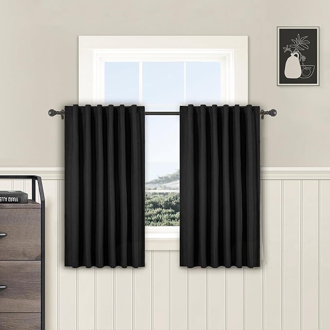 Short Curtains for Windows Bathroom, 100% Blackout Linen Boho Back Tab Pleated Cafe Curtains for Kitchen Bedroom, 54 Inch Length 2 Panels Set, Black