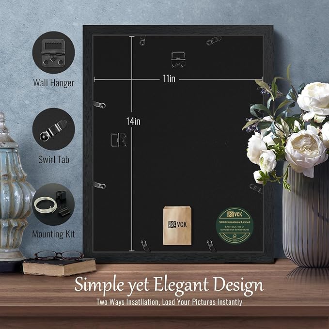 VCK 11x14 Picture Frame, Black Wood 14 x 11 Diploma Document Frames, Home or Gallery Wall Hanging, 1 Pack